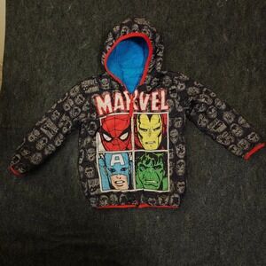 Marvel Avengers Puffer Jacket Kids 4T Black Red Spider-Man Iron Man Hulk Hooded